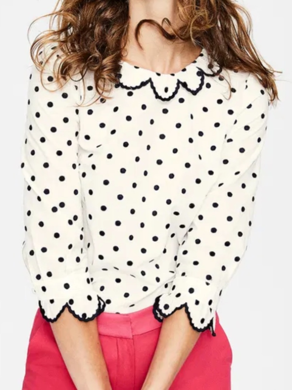 Boden Embroidered Polka Dot Scallop TrimTop White with Navy Dots 3/4 Sleeve 18
